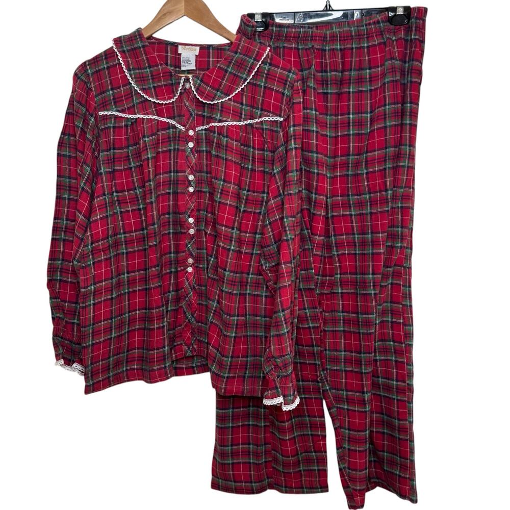 Vintage Barbizon 100% Cotton Red Plaid Lace Trimmed Pajamas Size Large